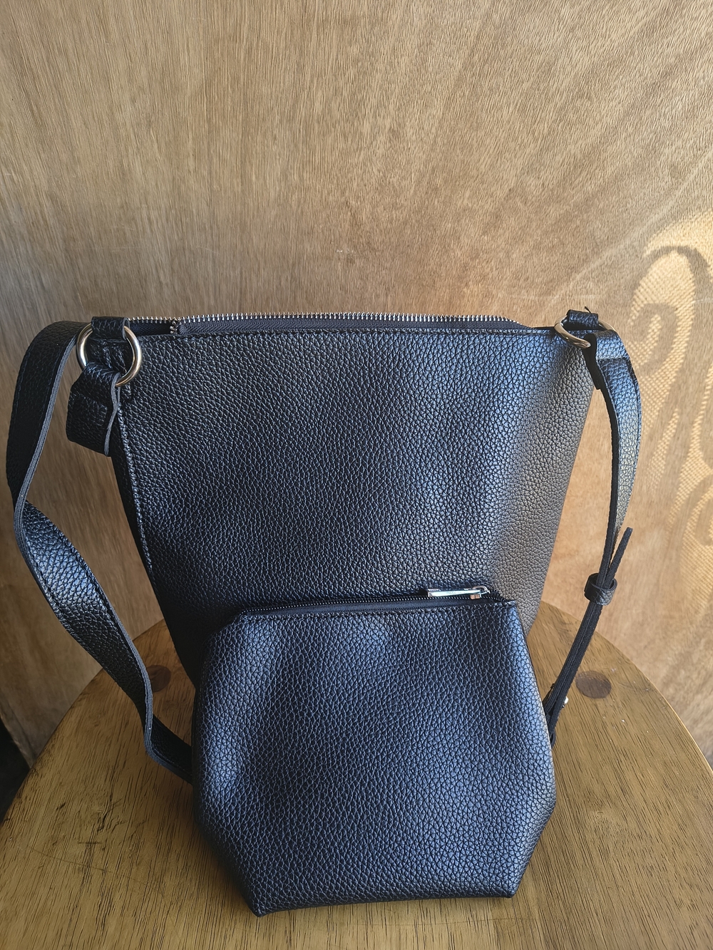 Black Pebbled Crossbody Bag with Pouch